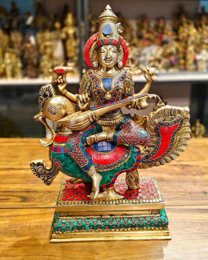 Exquisite Brass Saraswati Statue | 19.5" Height - Budhshiv.com