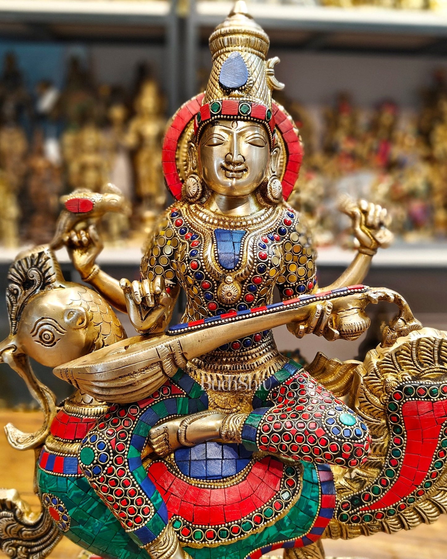 Exquisite Brass Saraswati Statue | 19.5" Height - Budhshiv.com