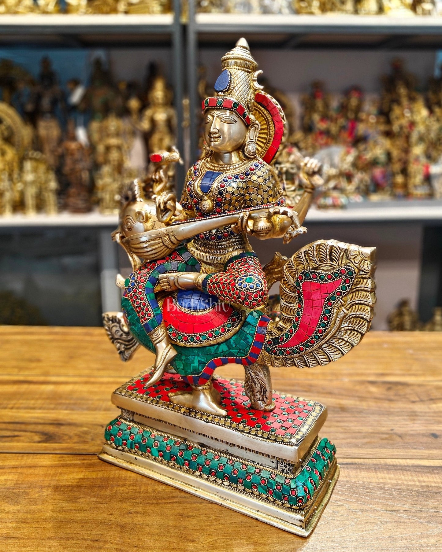 Exquisite Brass Saraswati Statue | 19.5" Height - Budhshiv.com