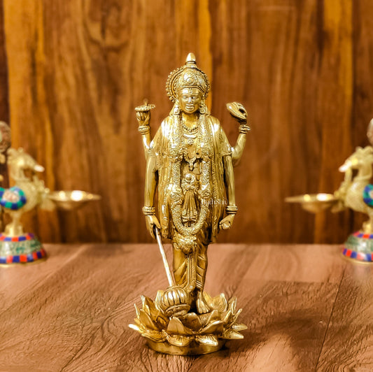 Exquisite Brass Standing Vishnu Statue on Lotus Base - 12.5 Inches - Budhshiv.com
