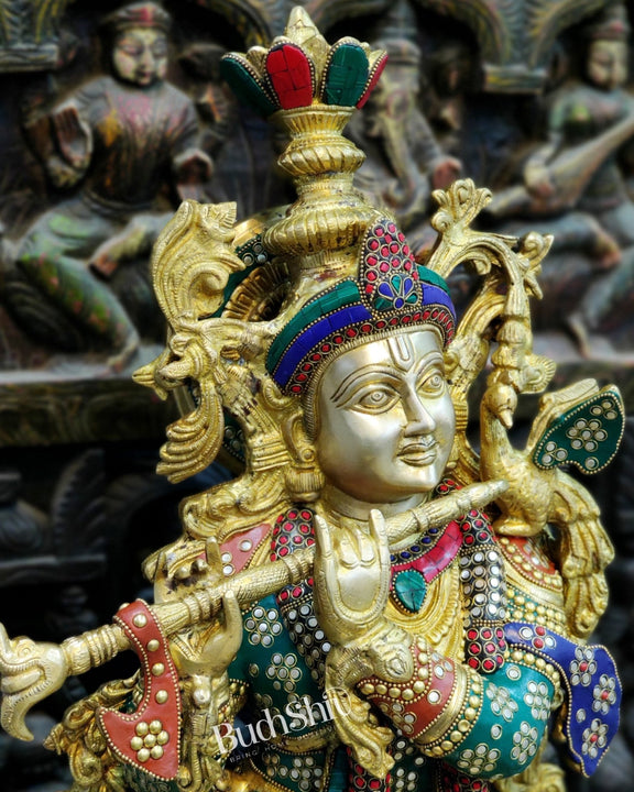 Exquisite Brass Superfine Krishna Statue | Height 36 Inches | Inlay Stonework - Budhshiv.com
