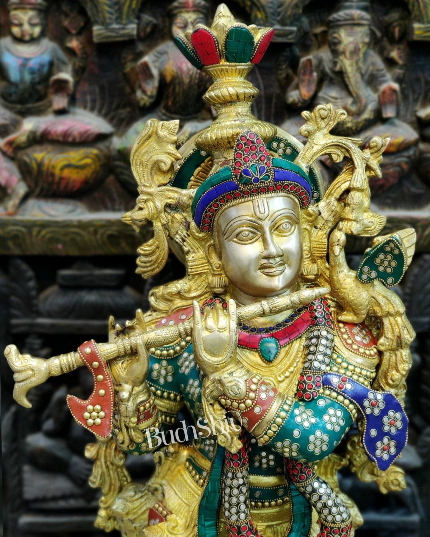 Exquisite Brass Superfine Krishna Statue | Height 36 Inches | Inlay Stonework - Budhshiv.com