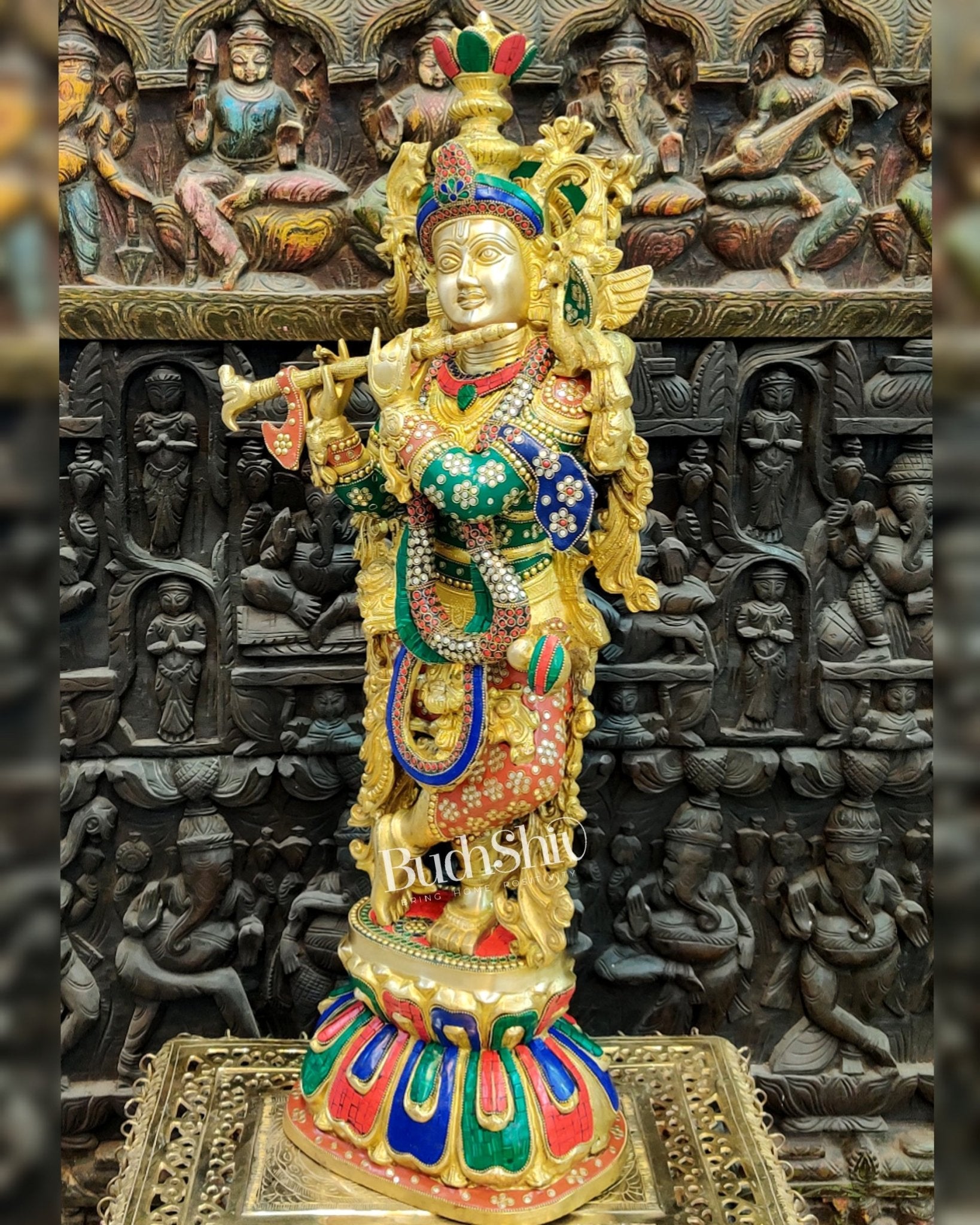 Exquisite Brass Superfine Krishna Statue | Height 36 Inches | Inlay Stonework - Budhshiv.com