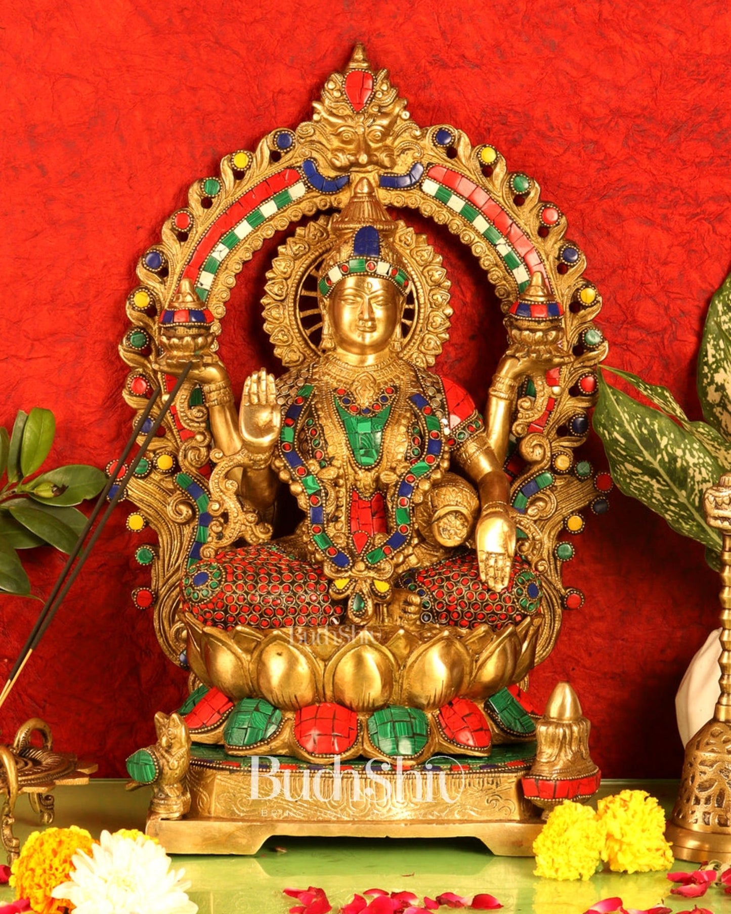 Exquisite Brass Superfine Lakshmi statue with Natural Stones17 " - Budhshiv.com