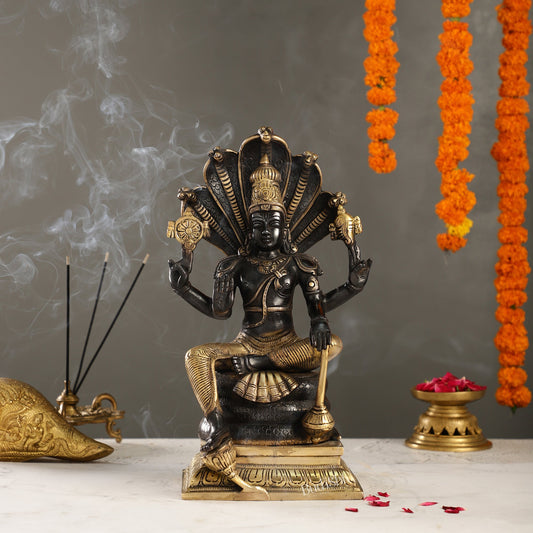 Exquisite Brass Superfine Lord Vishnu Idol with Sheshnaaga | 11" Height | Black & Gold Finish - Budhshiv.com