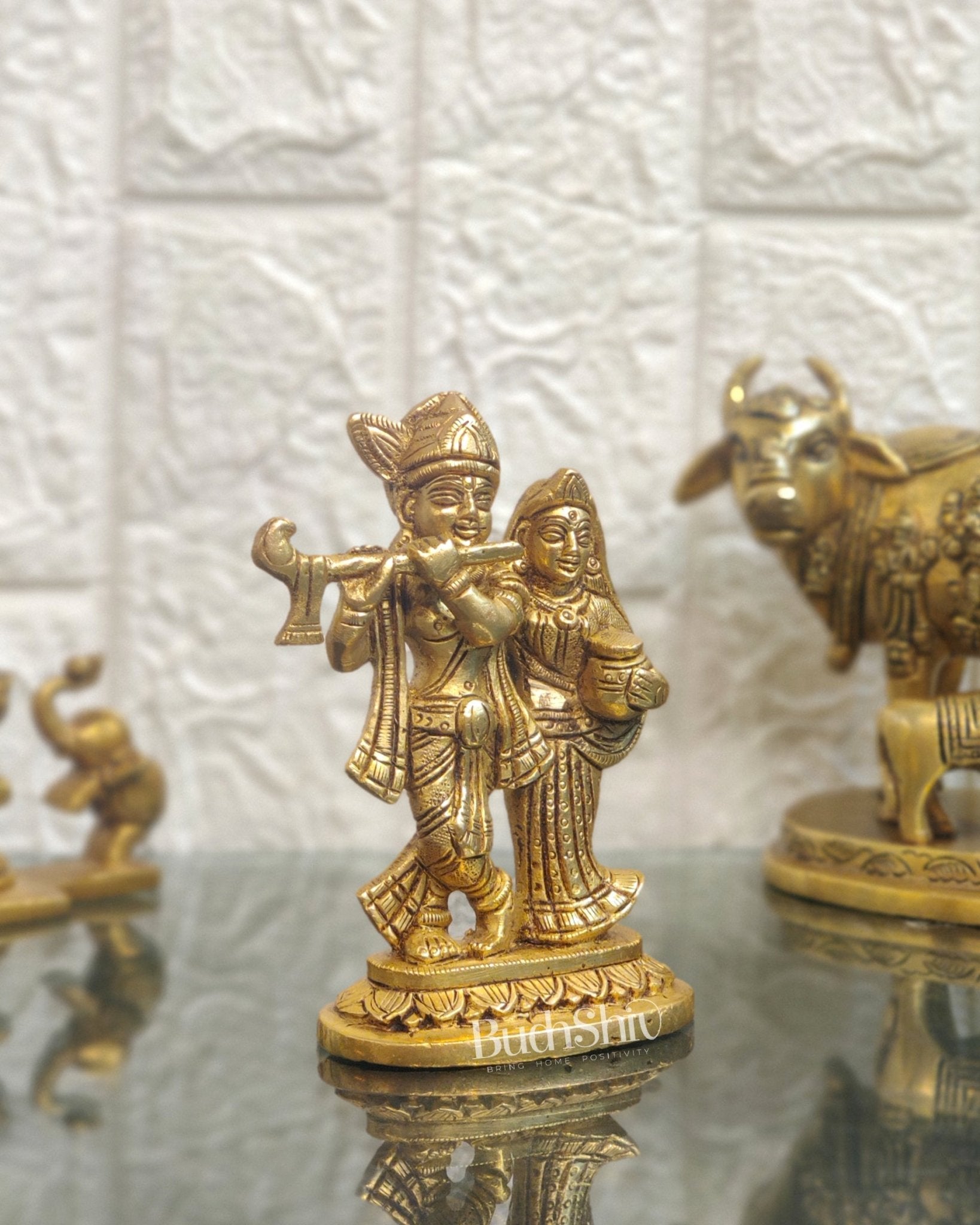 Exquisite Brass Superfine Radha Krishna Idol - 5" Height | Engraved Base - Budhshiv.com