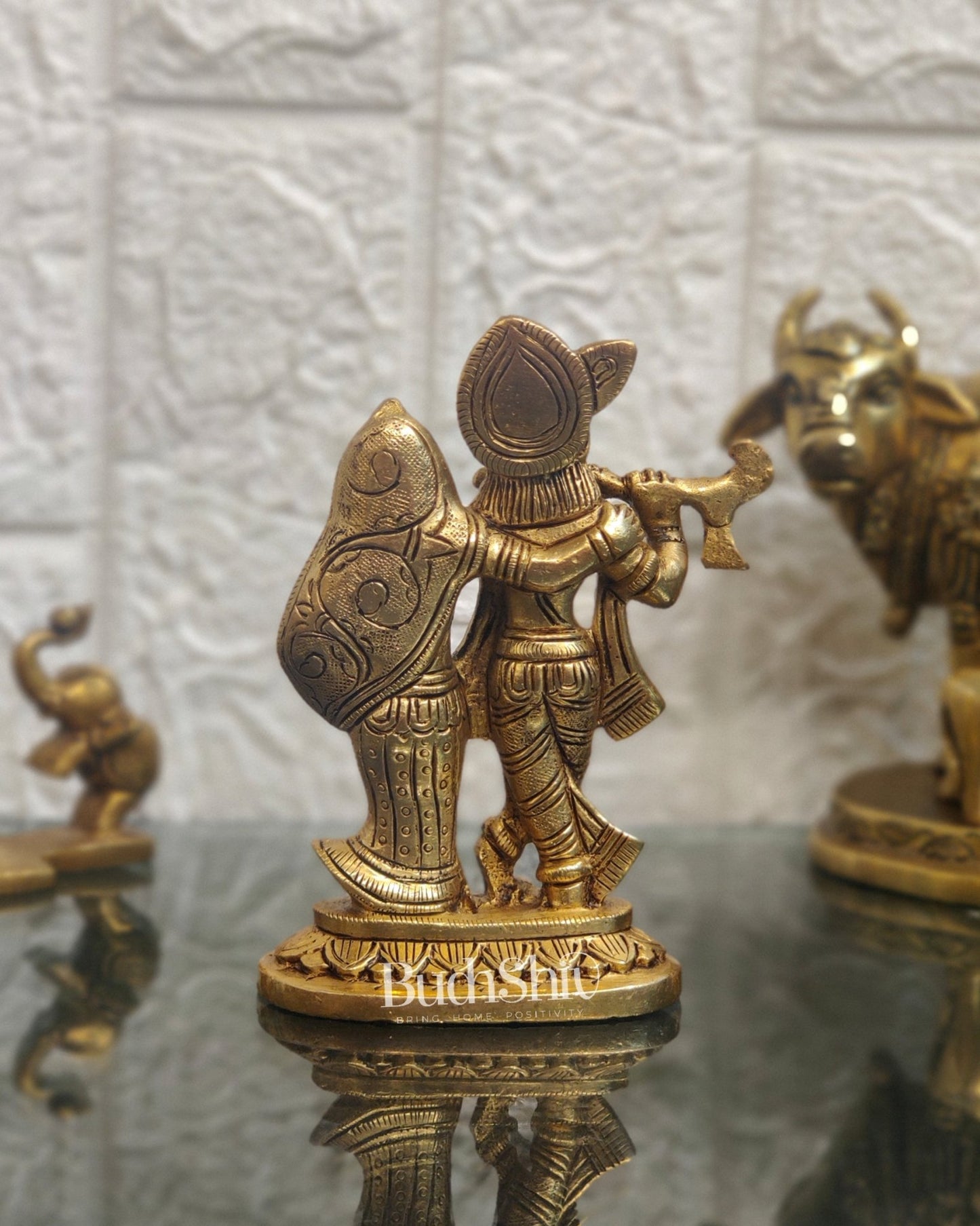 Exquisite Brass Superfine Radha Krishna Idol - 5" Height | Engraved Base - Budhshiv.com