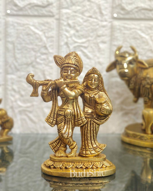 Exquisite Brass Superfine Radha Krishna Idol - 5" Height | Engraved Base - Budhshiv.com
