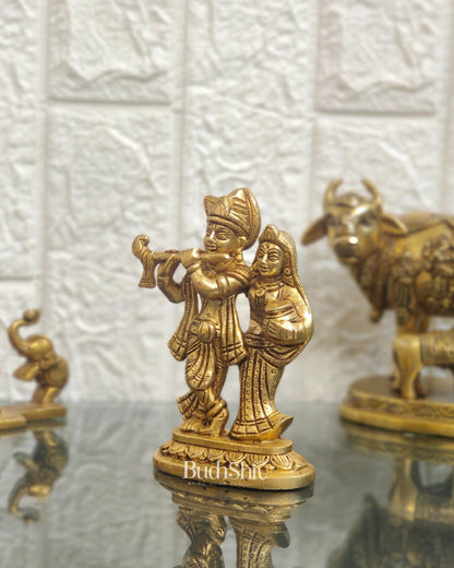 Exquisite Brass Superfine Radha Krishna Idol - 5" Height | Engraved Base - Budhshiv.com