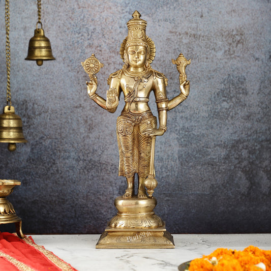 Exquisite Brass Superfine Standing Vishnu Idol | 18" Height | - Budhshiv.com