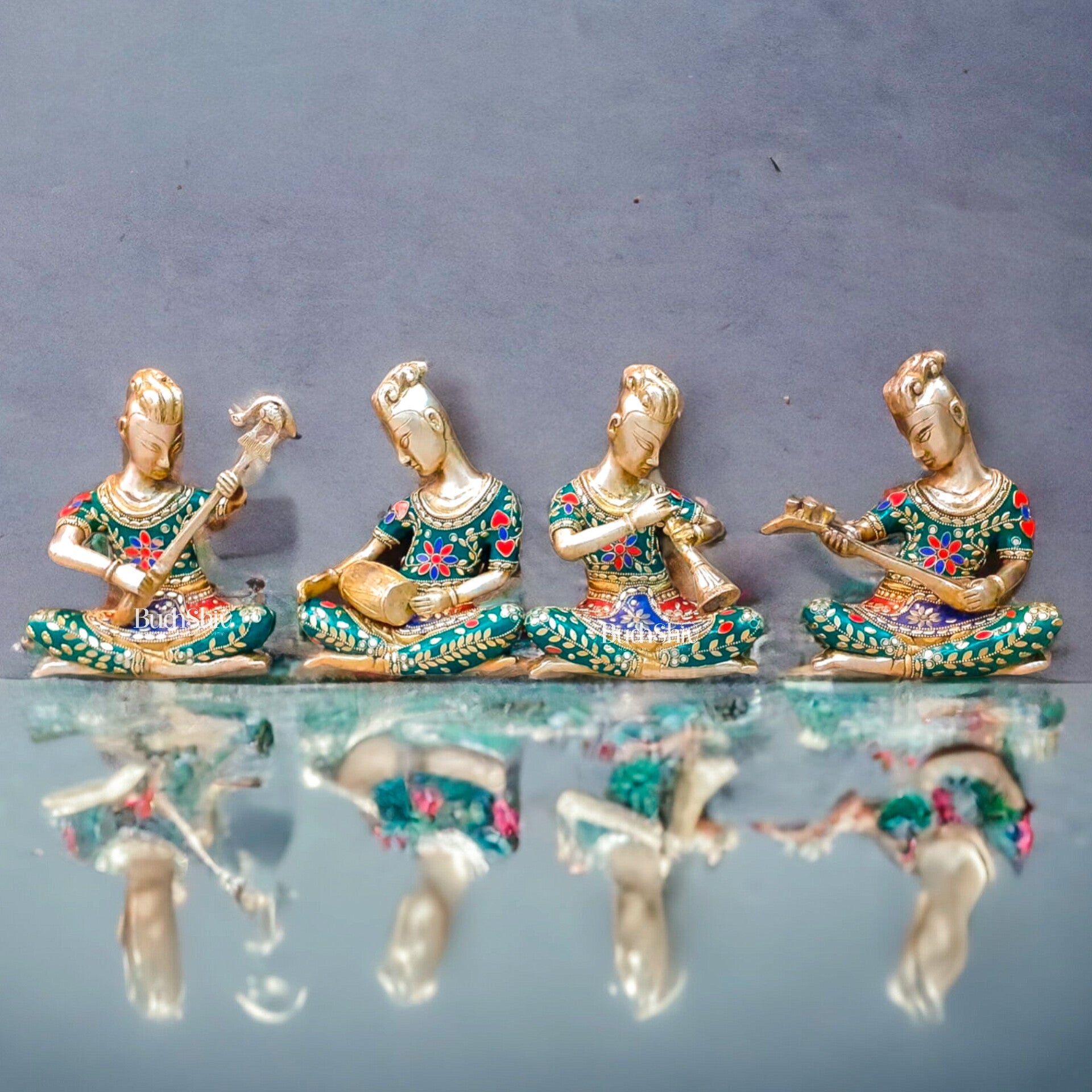 Exquisite Brass Tribal Musicians Set with Stunning Stonework | Height: 6 inch - Budhshiv.com
