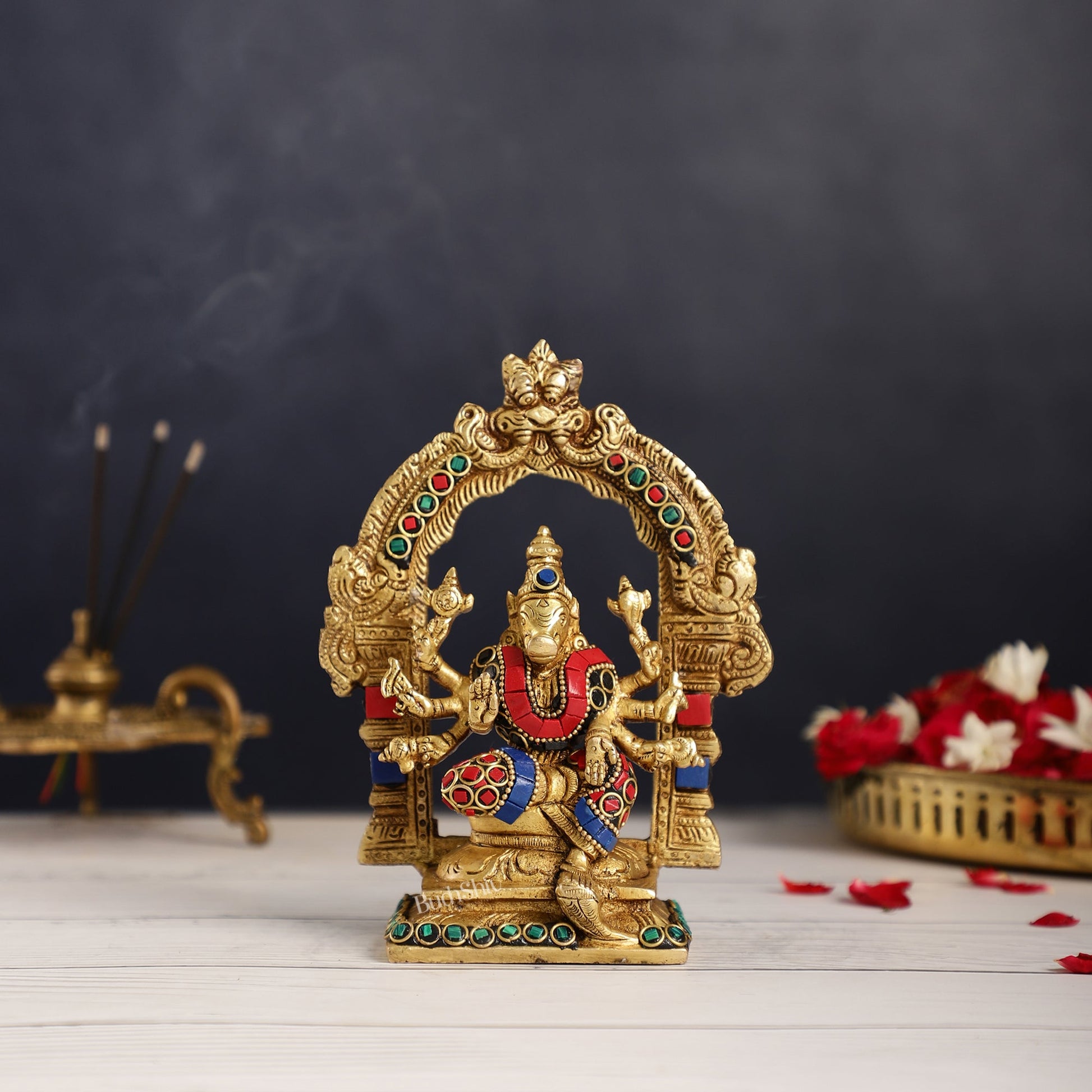 Exquisite Brass Varahi Amman Idol with Frame 6 inch stonework - Budhshiv.com