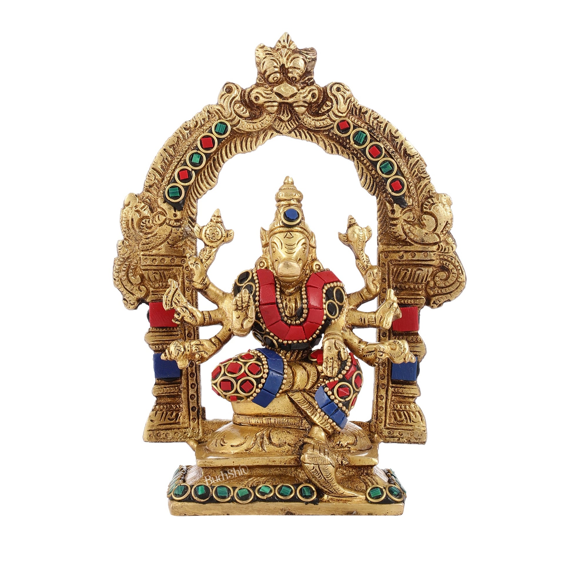 Exquisite Brass Varahi Amman Idol with Frame 6 inch stonework - Budhshiv.com