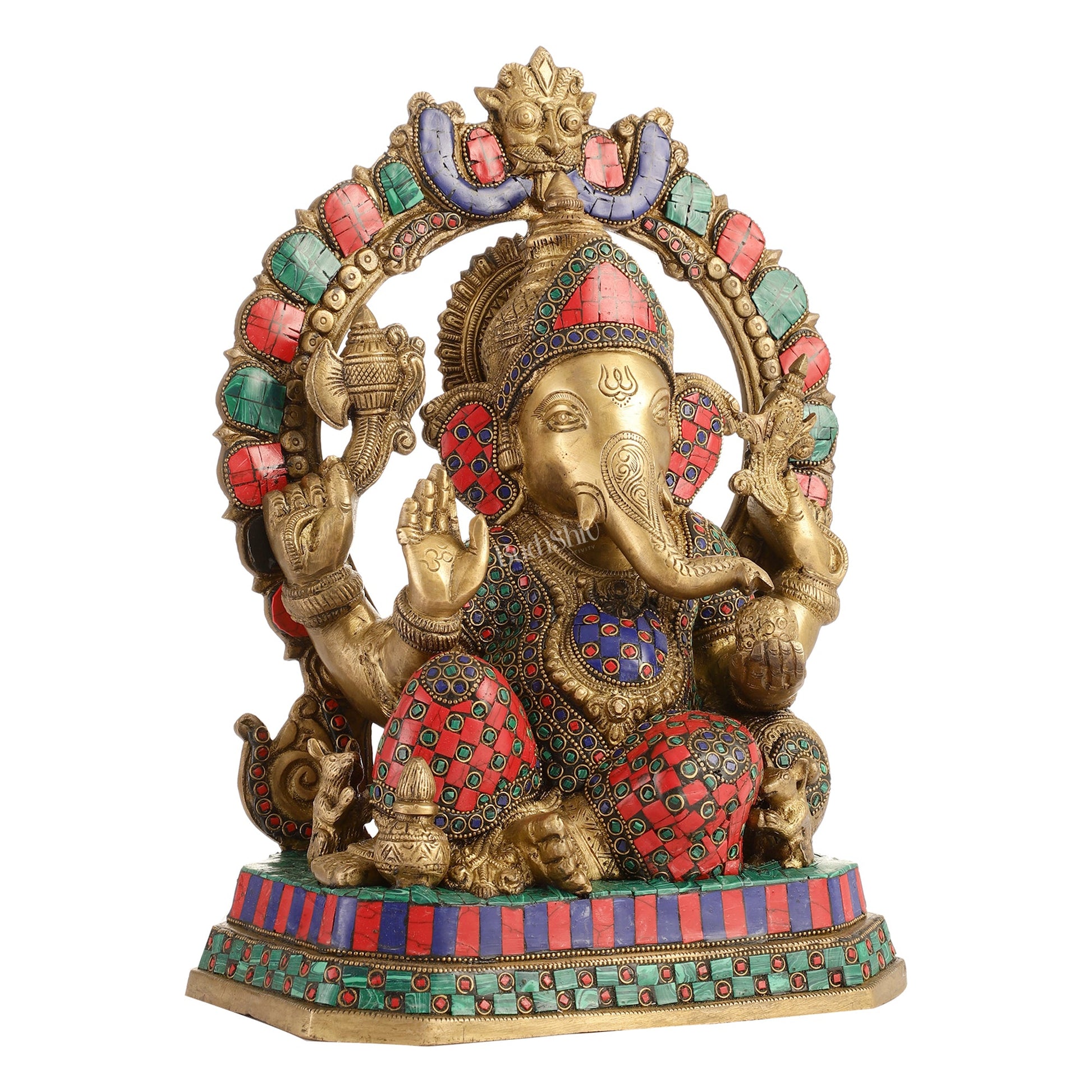 Exquisite Ganesha Brass Statue with Stonework - 14" - Budhshiv.com