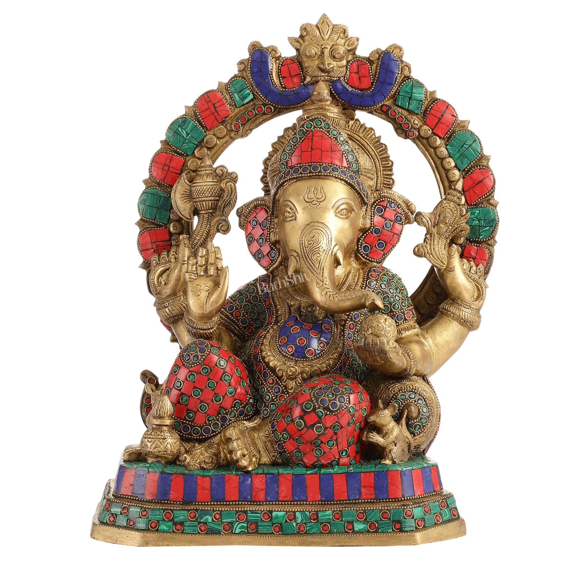 Exquisite Ganesha Brass Statue with Stonework - 14" - Budhshiv.com