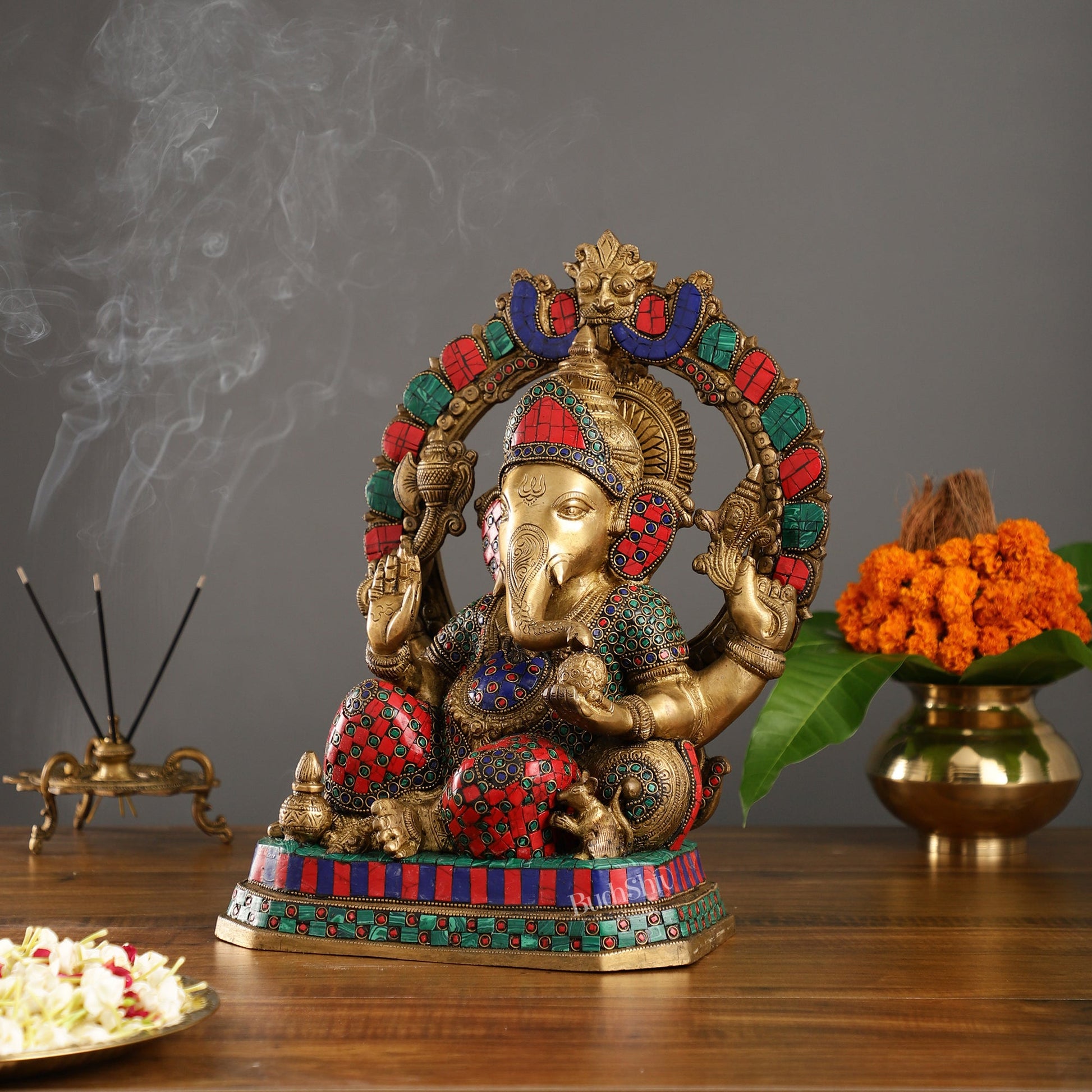 Exquisite Ganesha Brass Statue with Stonework - 14" - Budhshiv.com