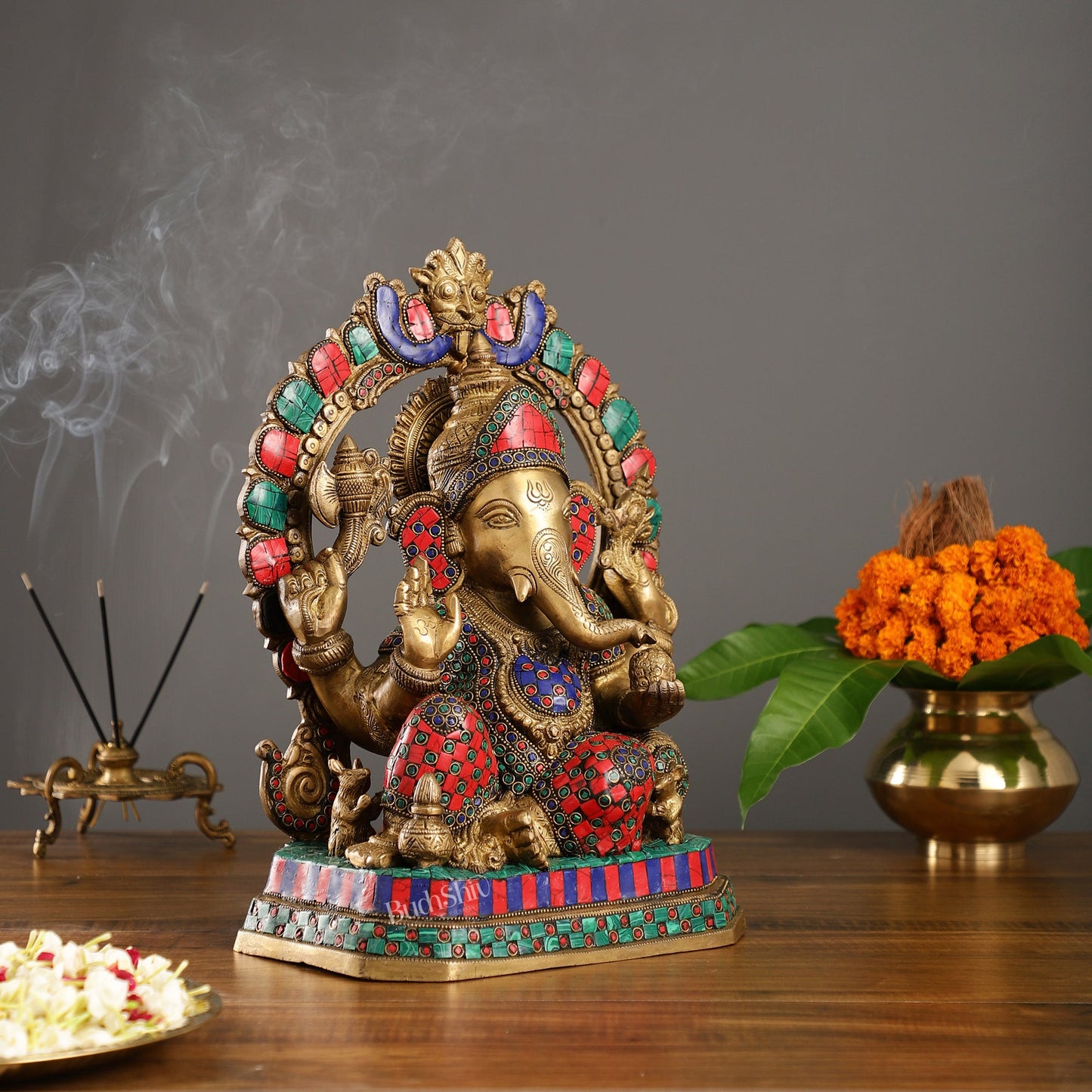 Exquisite Ganesha Brass Statue with Stonework - 14" - Budhshiv.com