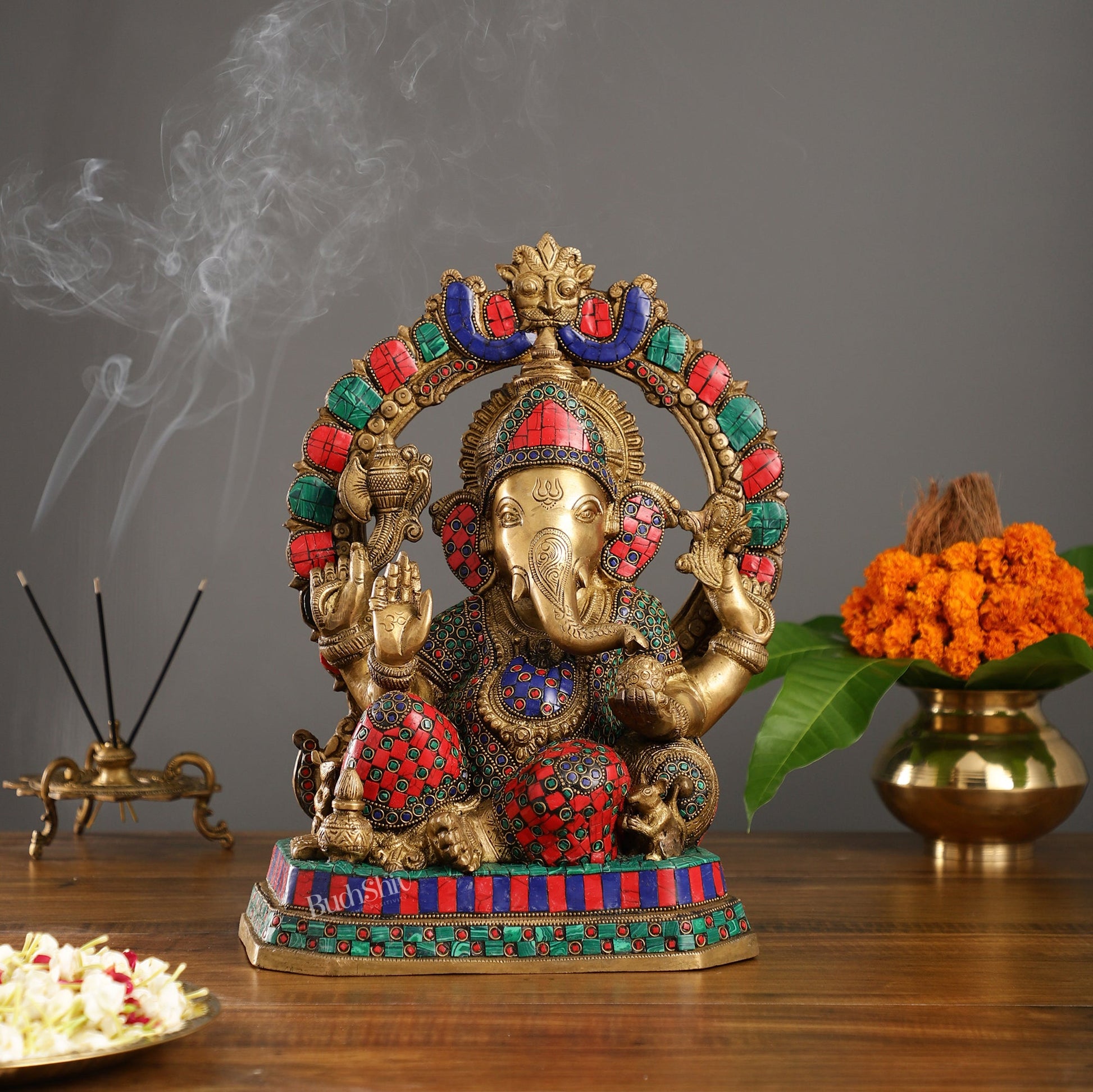 Exquisite Ganesha Brass Statue with Stonework - 14" - Budhshiv.com