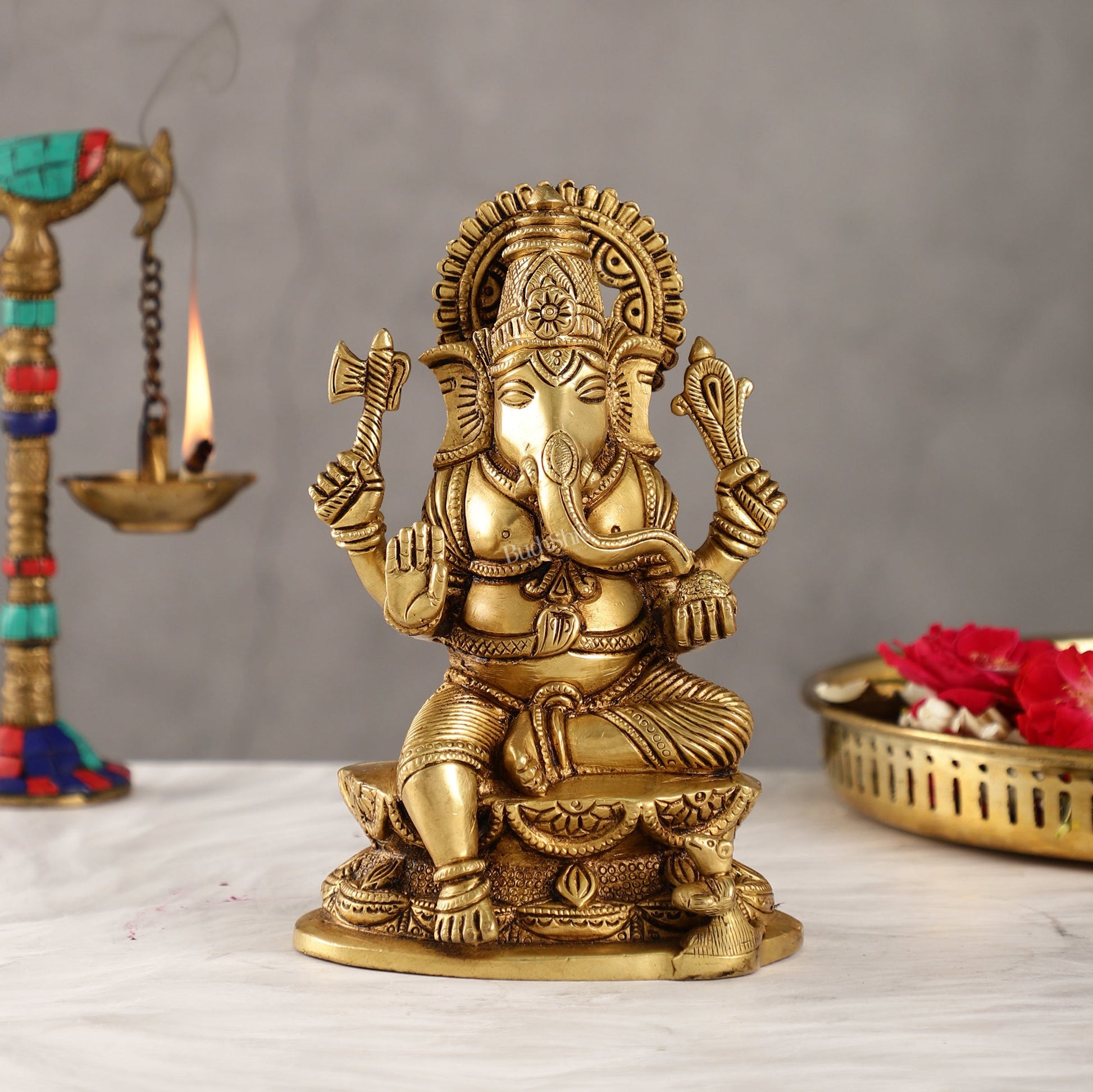 Exquisite Handcrafted Brass Ganesha Statue | Height 7 inches - Budhshiv.com