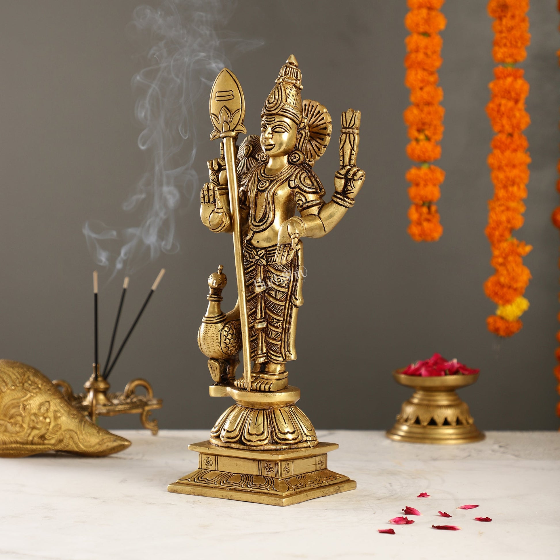 Exquisite Handcrafted Brass Lord Kartikeya Statue | 14" Height | Divine Majesty - Budhshiv.com