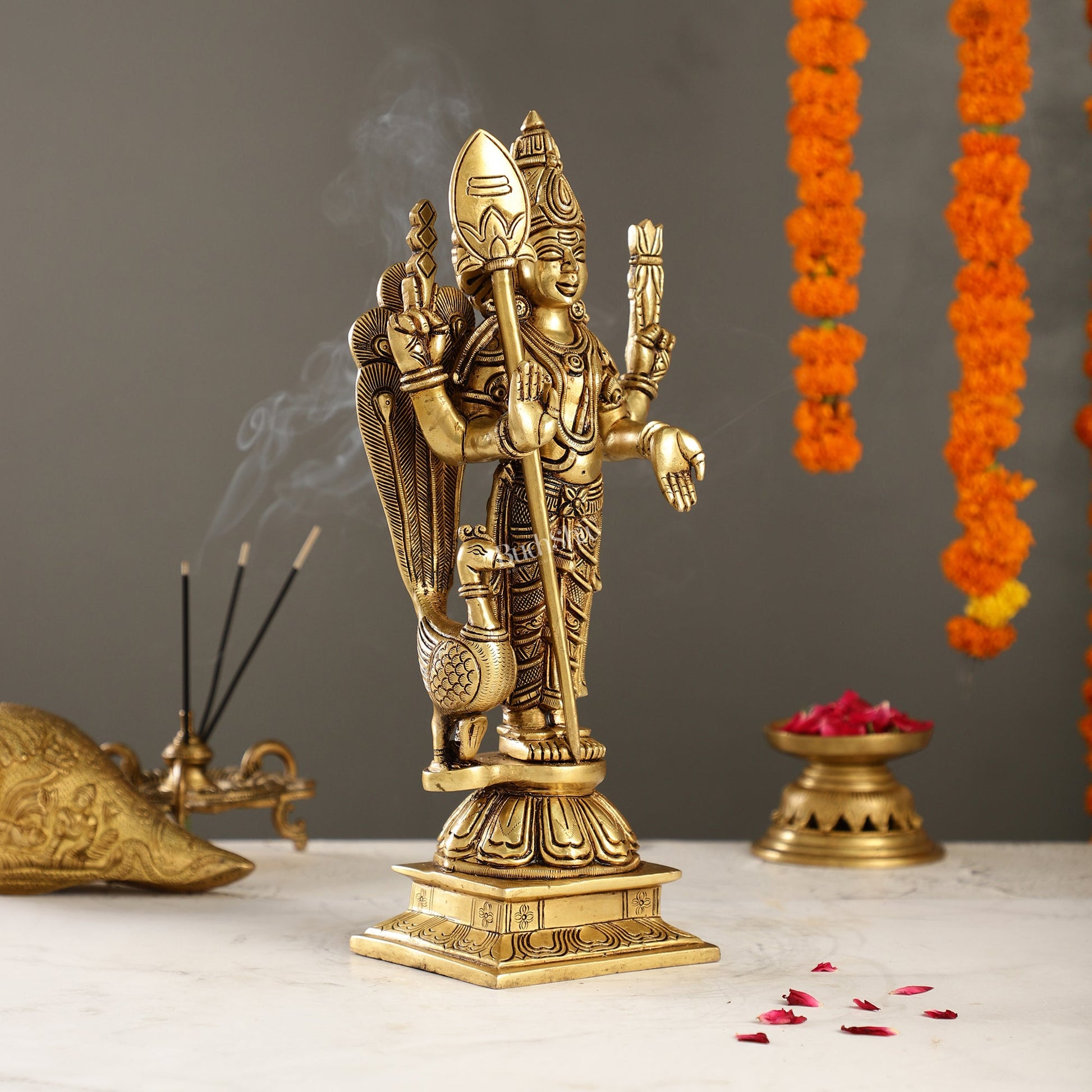 Exquisite Handcrafted Brass Lord Kartikeya Statue | 14" Height | Divine Majesty - Budhshiv.com