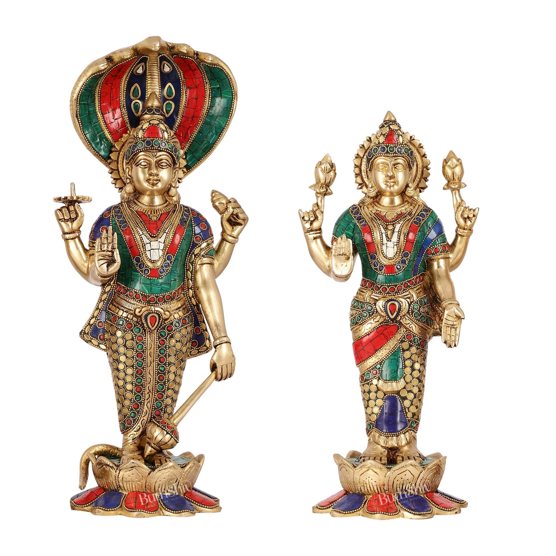 Exquisite Handcrafted Brass Vishnu and Lakshmi Statues | 17" Height - Budhshiv.com