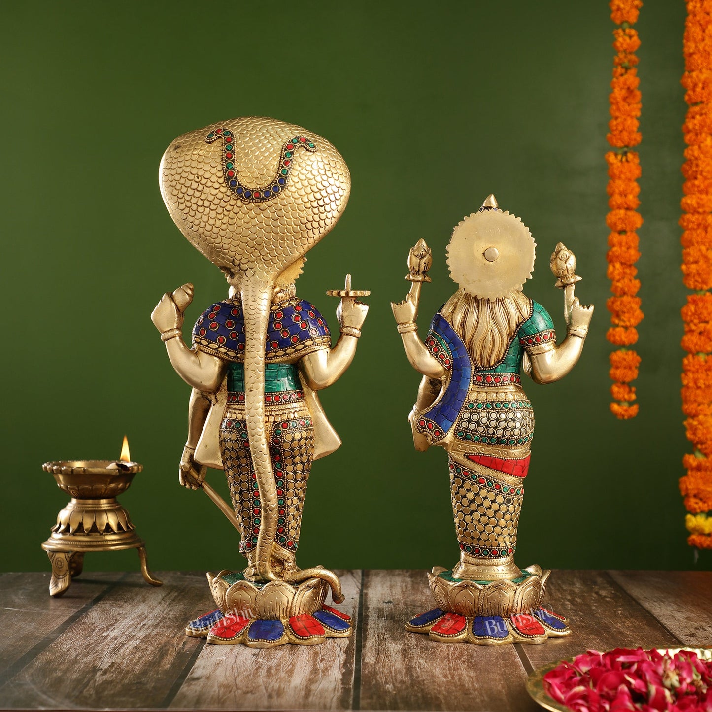 Exquisite Handcrafted Brass Vishnu and Lakshmi Statues | 17" Height - Budhshiv.com