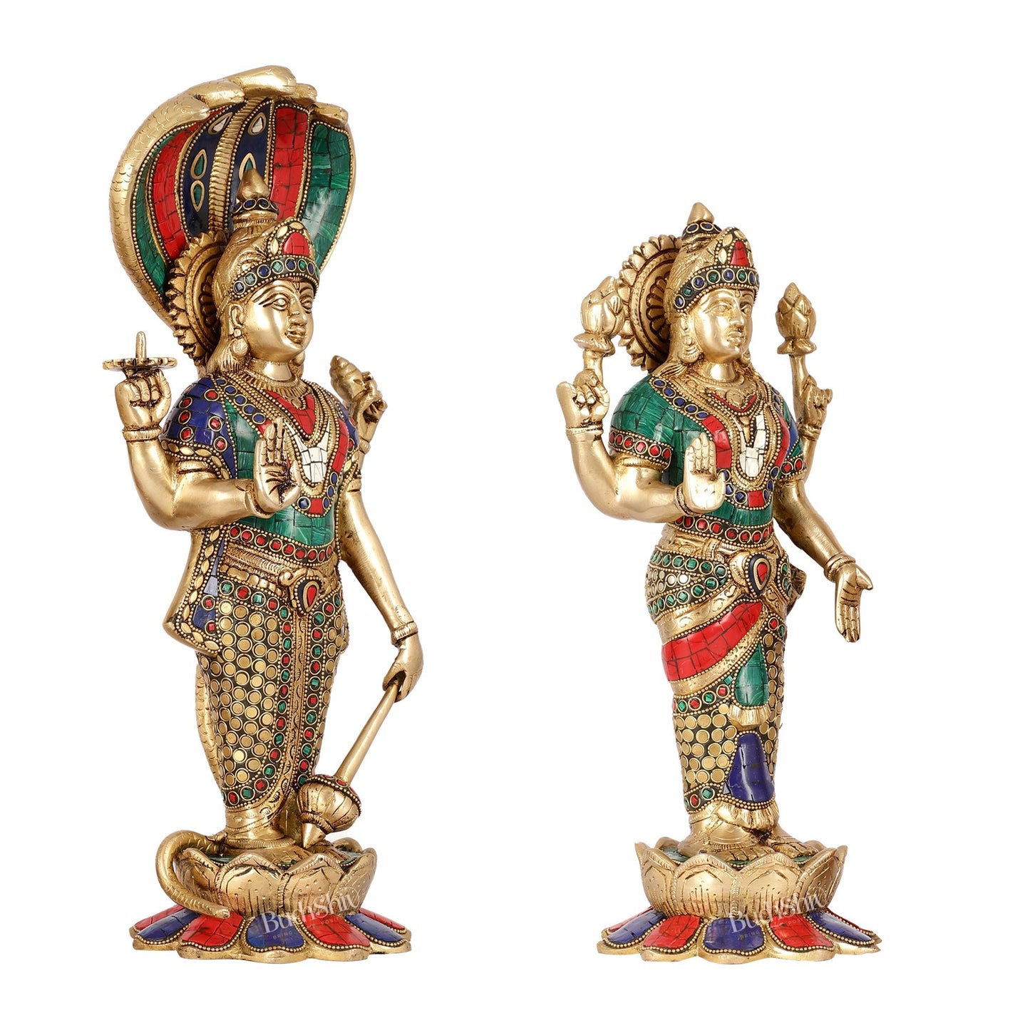 Exquisite Handcrafted Brass Vishnu and Lakshmi Statues | 17" Height - Budhshiv.com