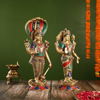 Exquisite Handcrafted Brass Vishnu and Lakshmi Statues | 17" Height - Budhshiv.com