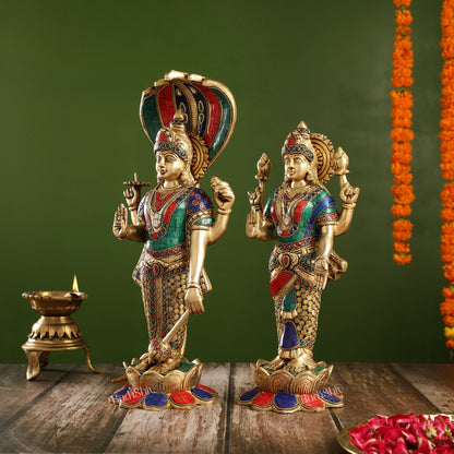 Exquisite Handcrafted Brass Vishnu and Lakshmi Statues | 17" Height - Budhshiv.com