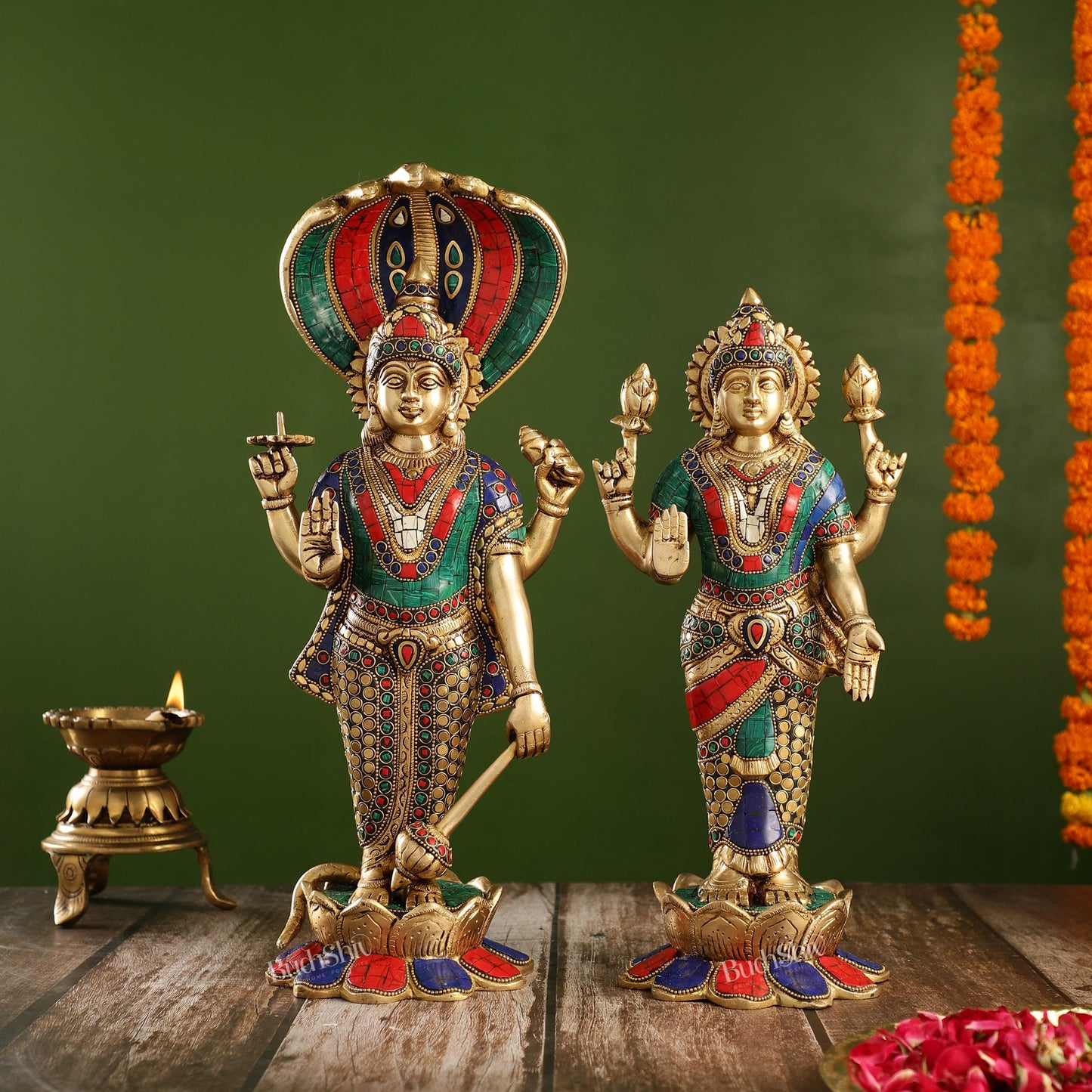 Exquisite Handcrafted Brass Vishnu and Lakshmi Statues | 17" Height - Budhshiv.com