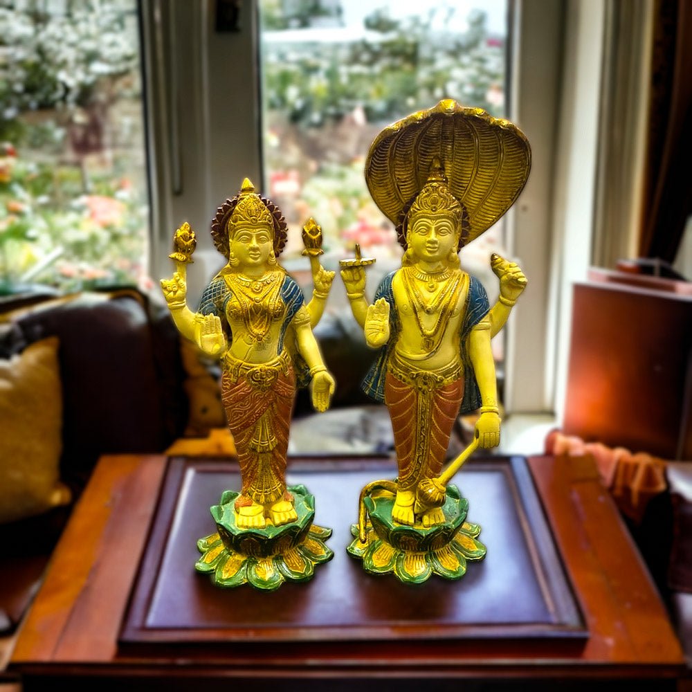 Exquisite Handcrafted Brass Vishnu and Lakshmi Statues | 17" Height - Budhshiv.com