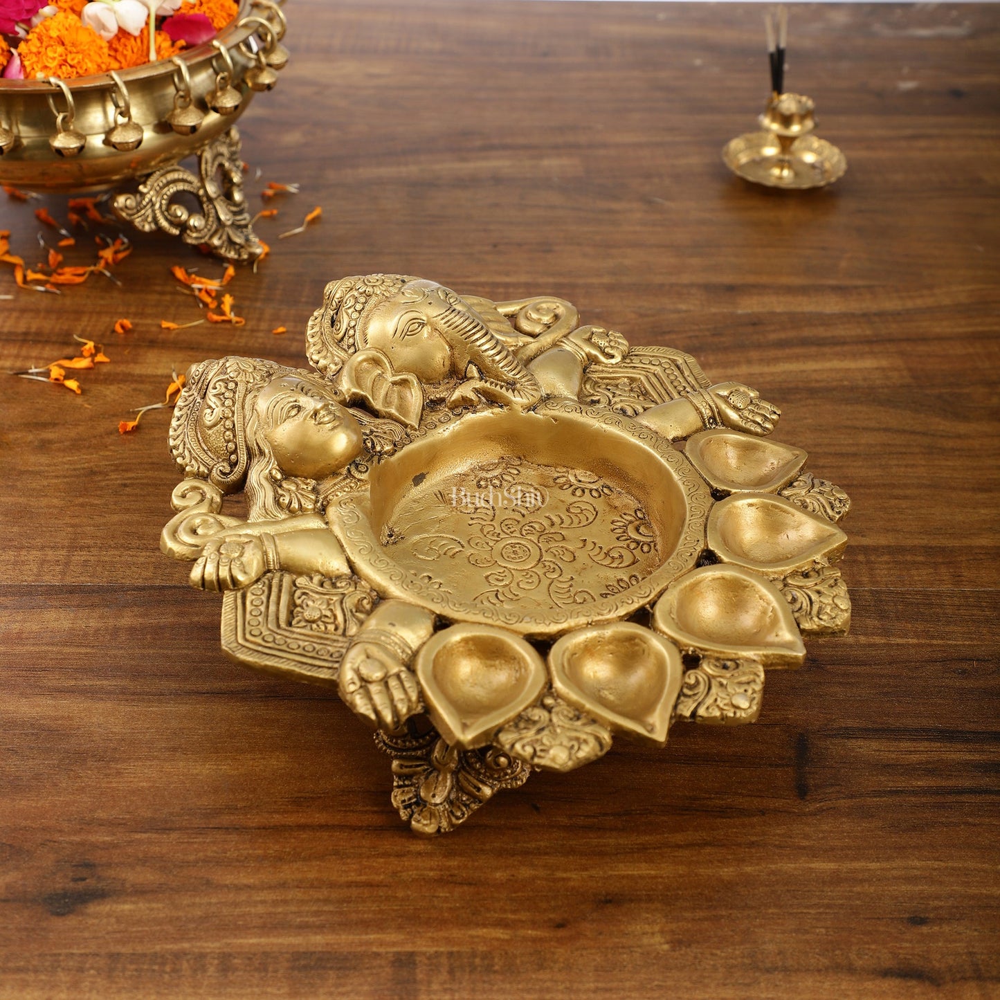 Exquisite Handcrafted Ganesha and Lakshmi Urli Diya and Urli - Budhshiv.com
