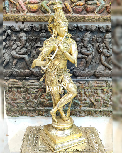 Exquisite Krishna Brass Statue | Superfine Brass | Golden Butter Polish 35" - Budhshiv.com