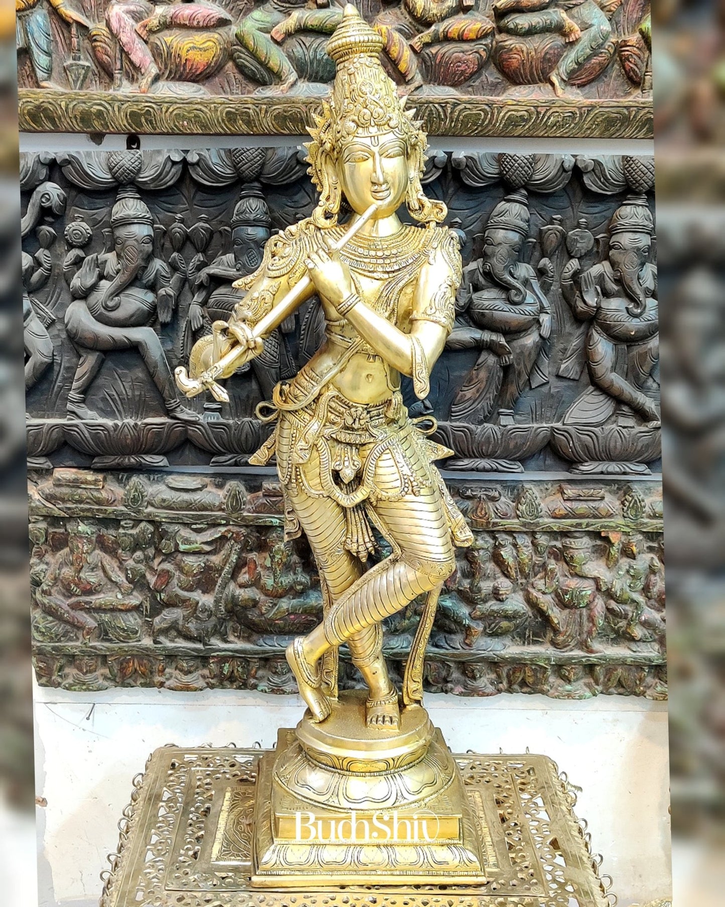 Exquisite Krishna Brass Statue | Superfine Brass | Golden Butter Polish 35" - Budhshiv.com