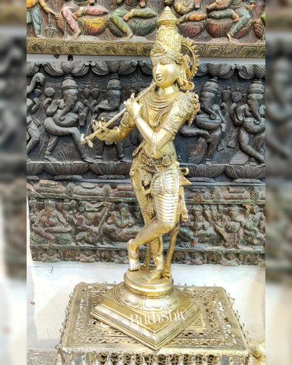 Exquisite Krishna Brass Statue | Superfine Brass | Golden Butter Polish 35" - Budhshiv.com