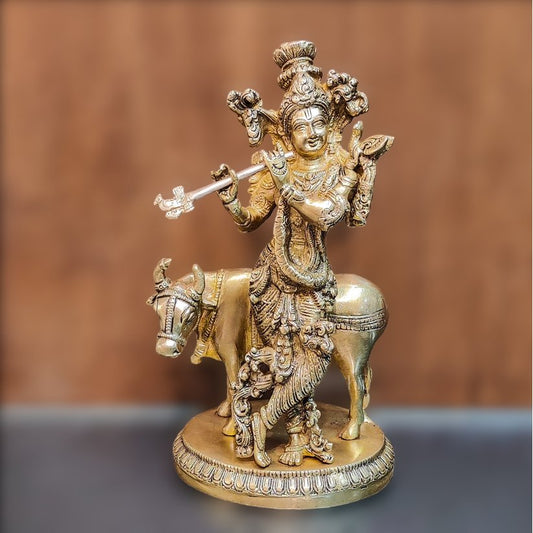 Exquisite Krishna with cow 10 inch Brass Idol - Budhshiv.com