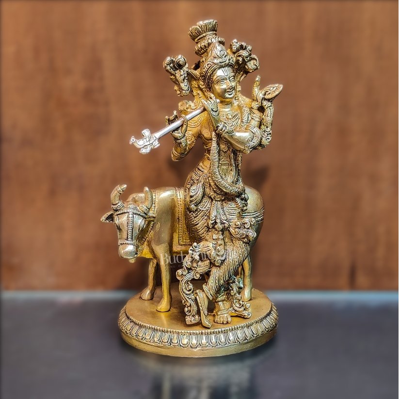 Exquisite Krishna with cow 10 inch Brass Idol - Budhshiv.com