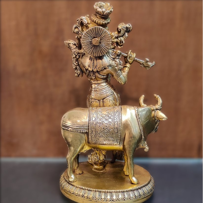 Exquisite Krishna with cow 10 inch Brass Idol - Budhshiv.com