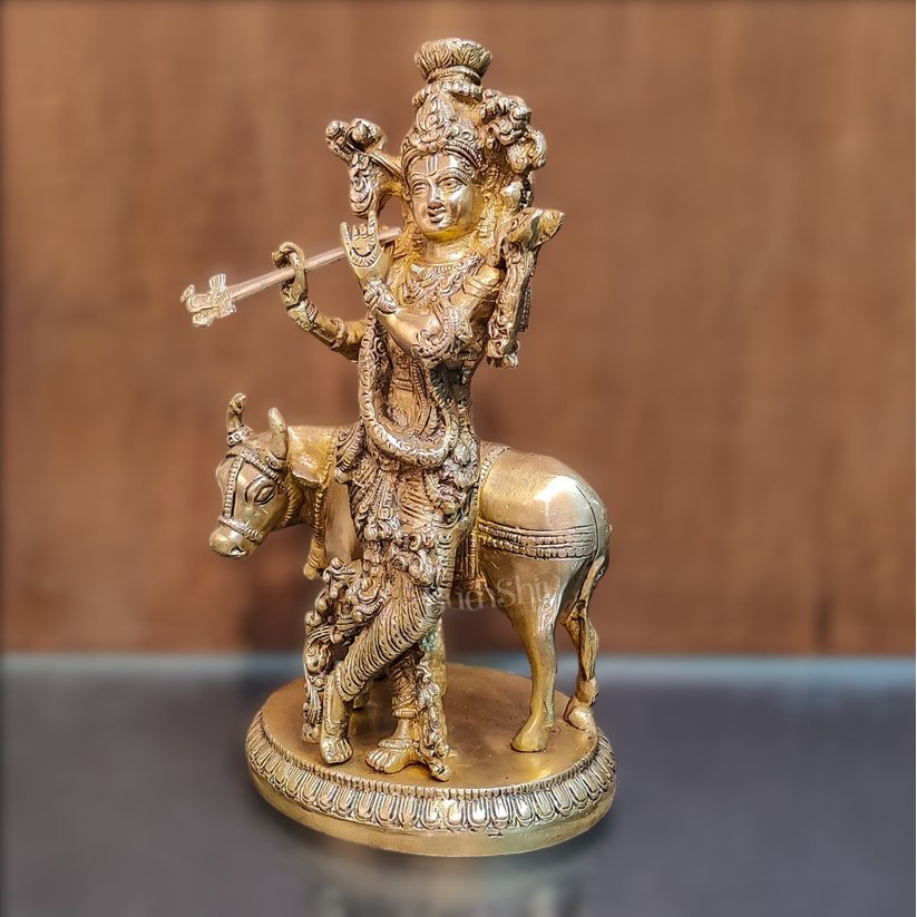 Exquisite Krishna with cow 10 inch Brass Idol - Budhshiv.com