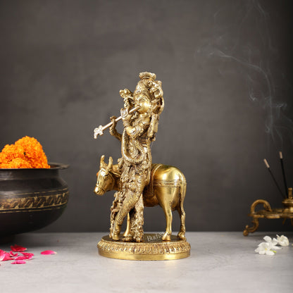 Exquisite Krishna with cow 10 inch Brass Idol - Budhshiv.com