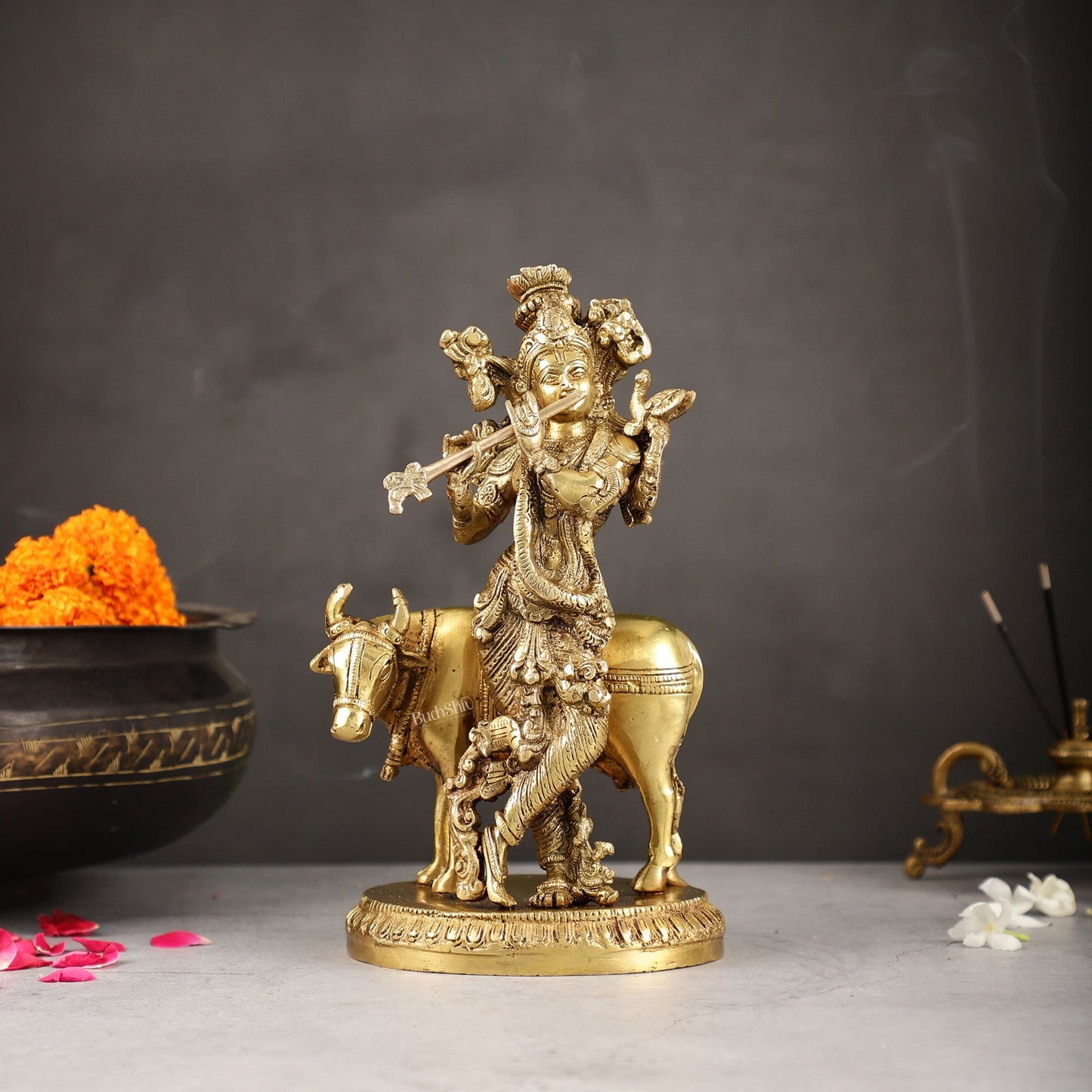 Exquisite Krishna with cow 10 inch Brass Idol - Budhshiv.com