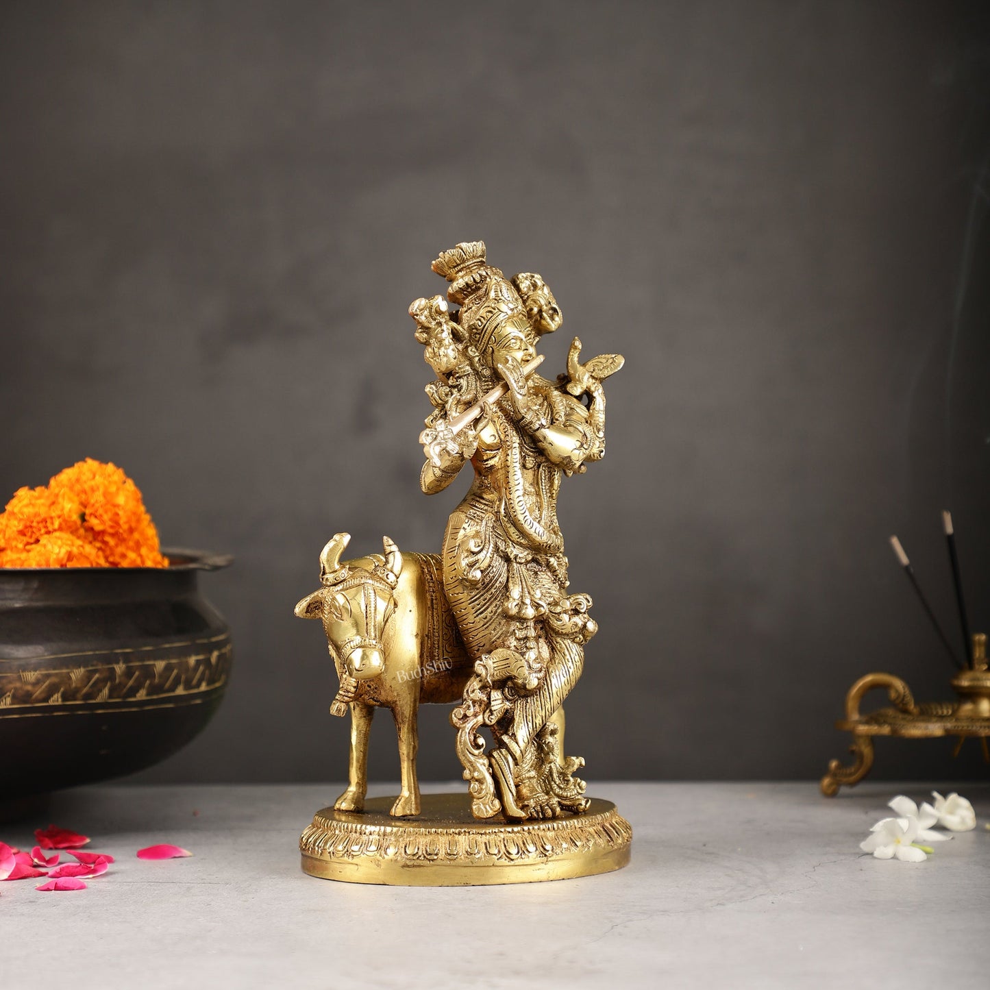 Exquisite Krishna with cow 10 inch Brass Idol - Budhshiv.com