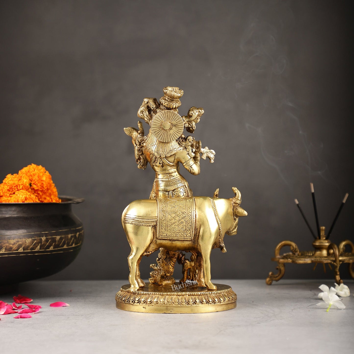 Exquisite Krishna with cow 10 inch Brass Idol - Budhshiv.com