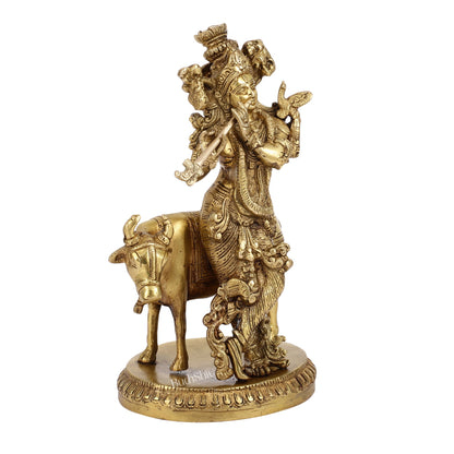 Exquisite Krishna with cow 10 inch Brass Idol - Budhshiv.com