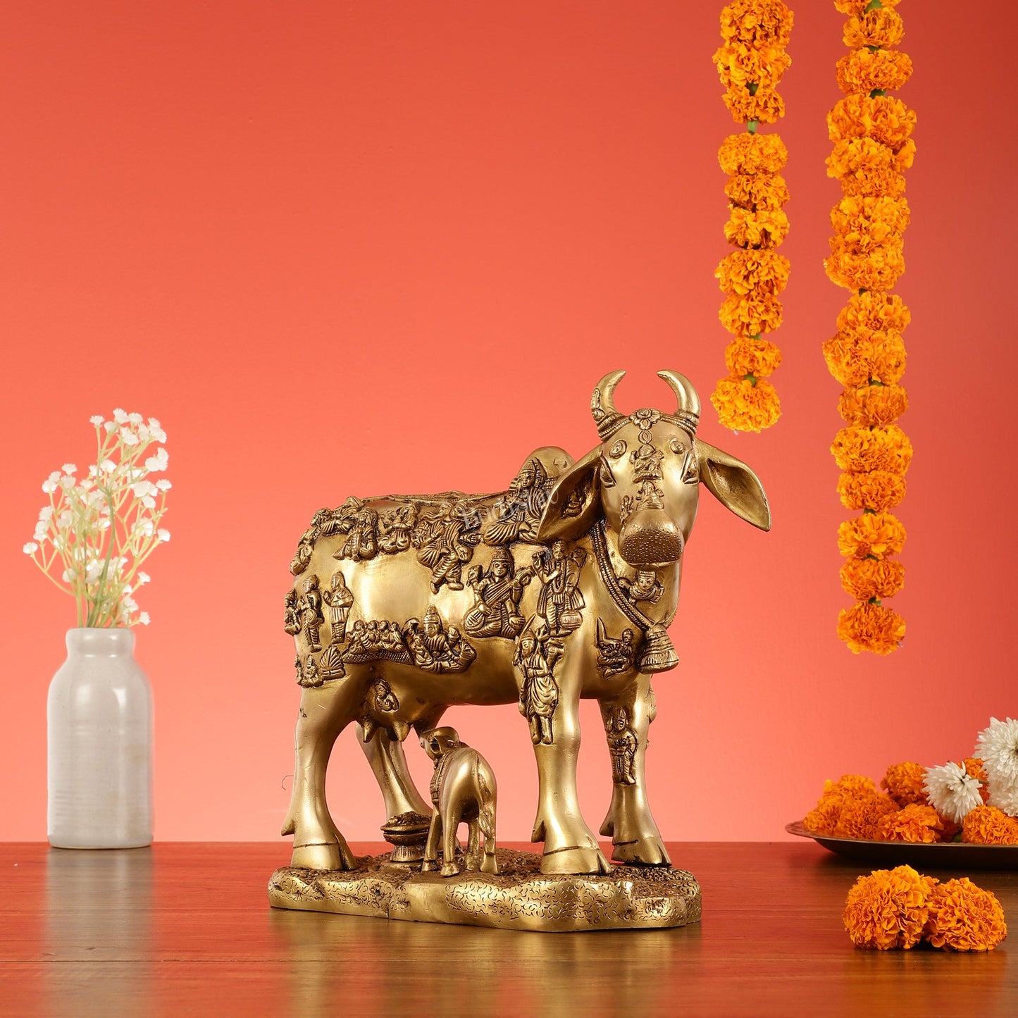 Exquisite large Brass Kamdhenu Cow with Calf Idol - Budhshiv.com