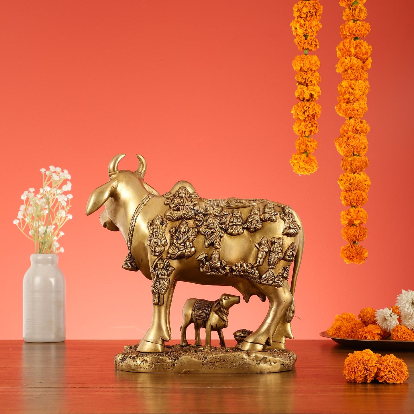 Exquisite large Brass Kamdhenu Cow with Calf Idol - Budhshiv.com