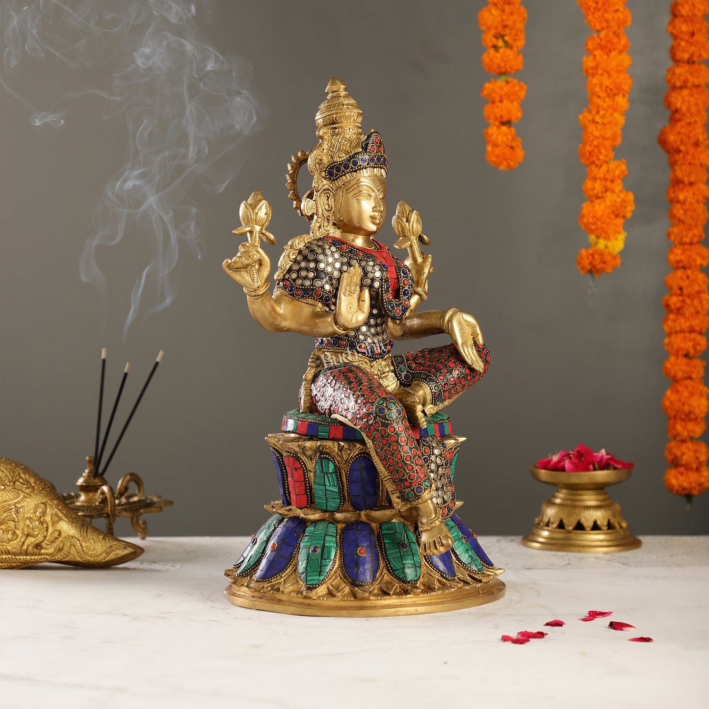Exquisite Pure Brass Goddess Lakshmi Statue | 14.5" Height | Meenakari Stonework - Budhshiv.com