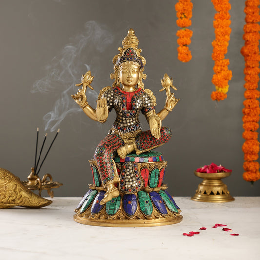 Exquisite Pure Brass Goddess Lakshmi Statue | 14.5" Height | Meenakari Stonework - Budhshiv.com