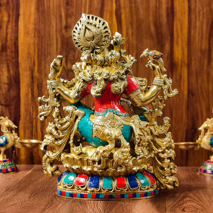 Exquisite Pure Brass Saraswati Idol with Stonework - Divine Wisdom Embodied - Budhshiv.com